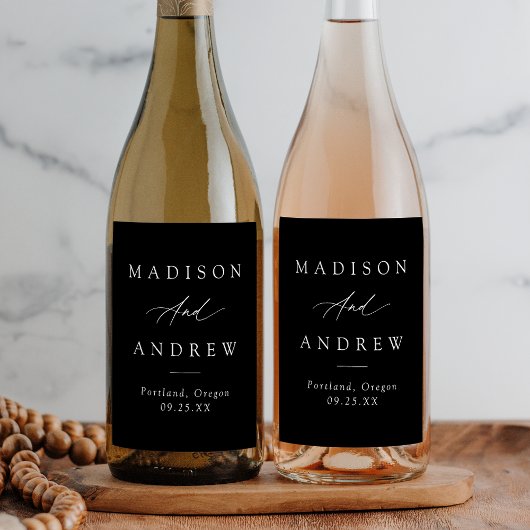 Elegante kalligrafie zwart-wit huwelijk wijn etiket