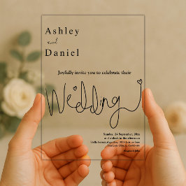 Elegante kalligrafie zwart-wit moderne bruiloft acryl uitnodigingen