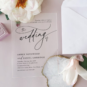 Elegante kalligrafie zwart-wit monogram bruiloft acryl uitnodigingen