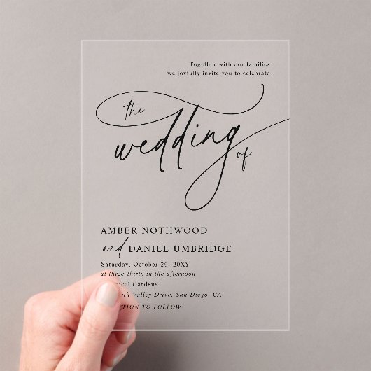 Elegante kalligrafie zwart-wit monogram bruiloft acryl uitnodigingen (Insitu (Draagbaar))