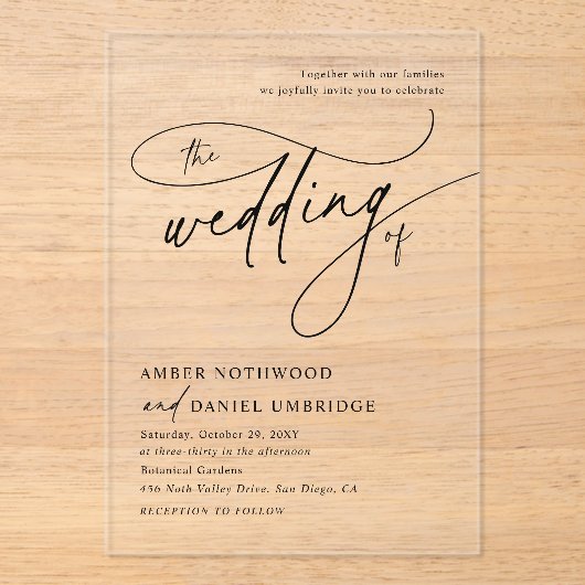 Elegante kalligrafie zwart-wit monogram bruiloft acryl uitnodigingen (Voorkant)