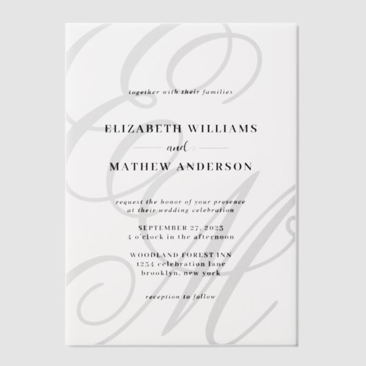 Elegante kalligrafie zwart wit monogram bruiloft vellum uitnodigingen (Voorkant)