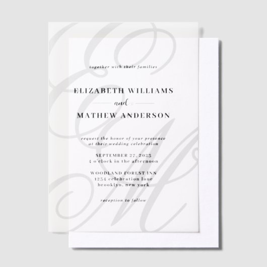 Elegante kalligrafie zwart wit monogram bruiloft vellum uitnodigingen (Offset)