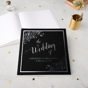 Elegante Kalligrafie Zwart & Zilveren Folie Weddin Gastenboek