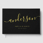 Elegante kalligrafie zwarte bruiloft echte folie gastenboek (Voorkant)