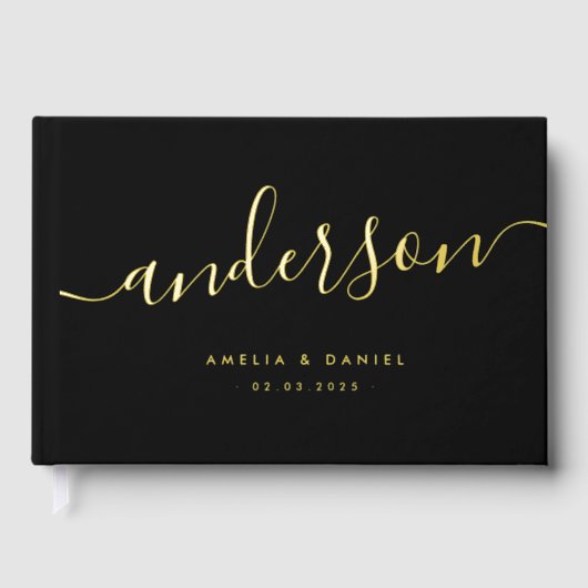 Elegante kalligrafie zwarte bruiloft echte folie gastenboek (Voorkant)