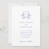 Elegante Kam en Monogram Blauw en Wit Bruiloft Kaart (Voorkant)