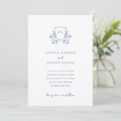 Elegante Kam en Monogram Blauw en Wit Bruiloft Kaart (Staand voorkant)