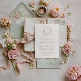 Elegante kam met roze strik | Monogram Trouwkaart Kaart