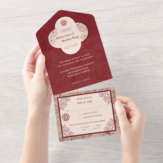Elegante kant bloemenChinees bruiloft All In One Uitnodiging (Afscheurbaar)