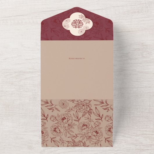 Elegante kant bloemenChinees bruiloft All In One Uitnodiging (Buitenkant)