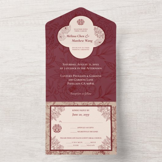Elegante kant bloemenChinees bruiloft All In One Uitnodiging (Binnen)