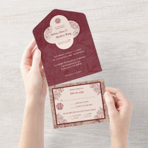 Elegante kant bloemenChinees bruiloft All In One Uitnodiging