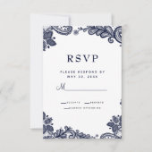 Elegante kant bruiloft behuizing details blauw wit RSVP kaartje (Voorkant)