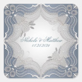 Elegante kant bruiloft op blauwe gradiënt vierkante sticker (Voorkant)