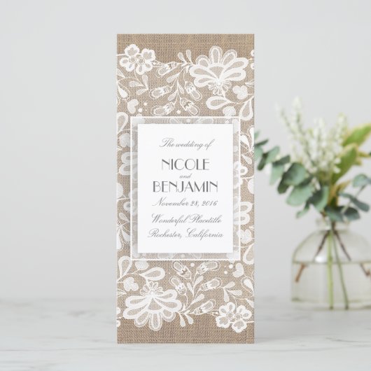 Elegante Kant en Burlap Wedding Programma's (Staand voorkant)
