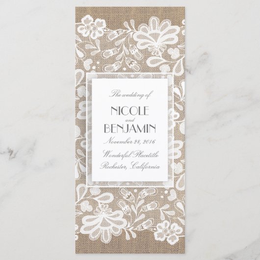 Elegante Kant en Burlap Wedding Programma's (Voorkant)