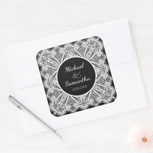 Elegante kant en zwarte aangepaste trouwdag vierkante sticker