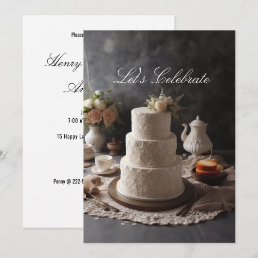 ELEGANTE KANT LOOK JUBILEUM CAKE MET BLOEMIGE TOP KAART (Voorkant / Achterkant)