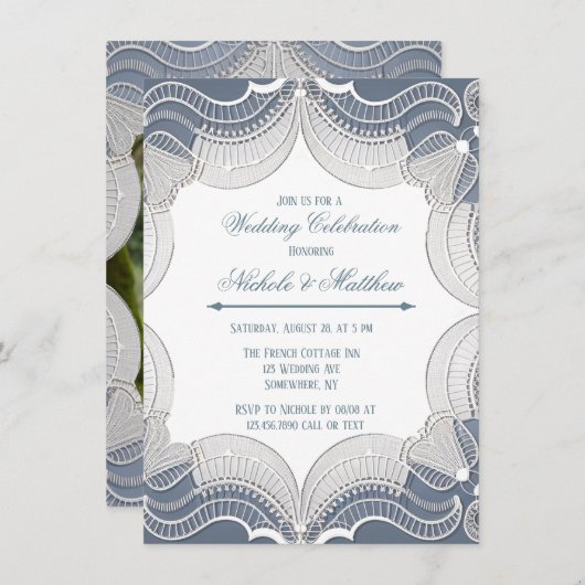 Elegante kant op blauwe bruiloft foto kaart (Voorkant / Achterkant)