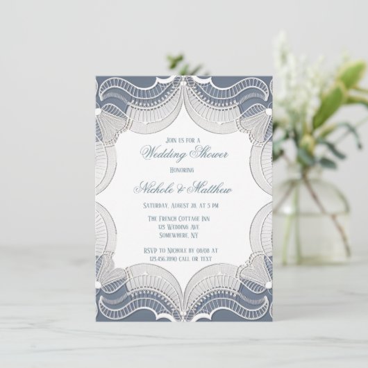 Elegante kant op blauwe gradiënt bruiloft douche kaart (Staand voorkant)