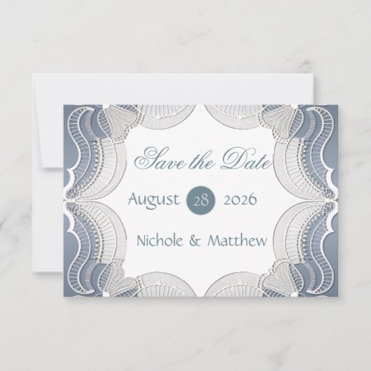 Elegante Kant Op Blauwe Huwelijk Save The Date Kaa (Voorkant)