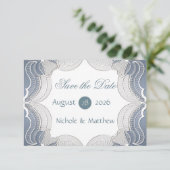 Elegante Kant Op Blauwe Huwelijk Save The Date Kaa (Staand voorkant)