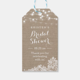 Elegante kant snoerlichten bruidsfeest bedankt cadeaulabel