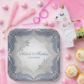 Elegante Kanten Bruiloft Op Blauwe Gradiënt Papieren Bordje (Feest)