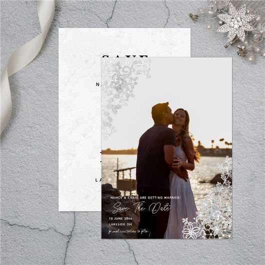 Elegante kanten foto Save the Date Kaart