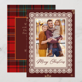 Elegante Kanten Kerst Foto Burgundy Kerstkaart