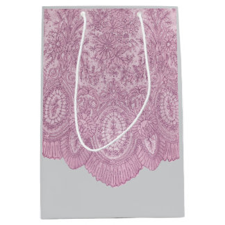 Elegante kantlook/roze-paarse en grijze kleuren medium cadeauzakje