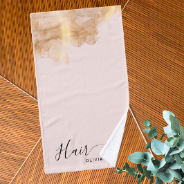 Elegante kapper gouden schaar Haarstylist roze Handdoek