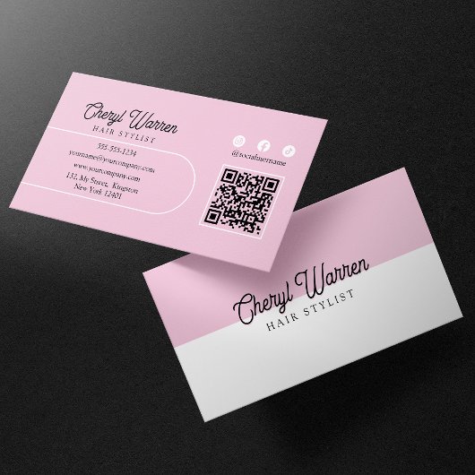 Elegante Kapper Script Roze Minimaal QR Code Visitekaartje