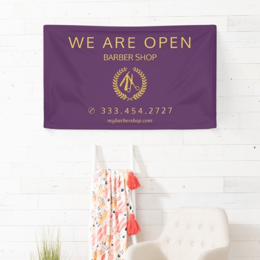 Elegante kapperszaak mannen kapsalon paarse goud spandoek (Insitu)