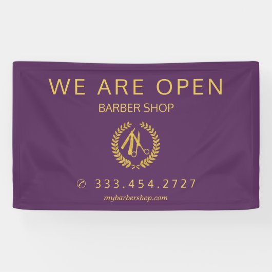 Elegante kapperszaak mannen kapsalon paarse goud spandoek (Horizontaal)