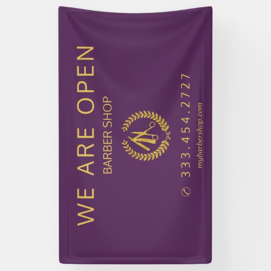 Elegante kapperszaak mannen kapsalon paarse goud spandoek (Verticaal)