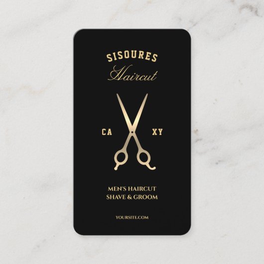 Elegante kapperszaak zwart goud kappersschaar visitekaartje (Voorkant)