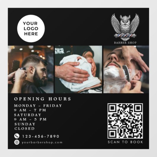 Elegante Kapperzaak Zilveren Uil QR-code Logo Raamsticker (Vel)