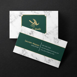 Elegante Kapsalon Groen Gouden Rand Marmer Visitekaartje