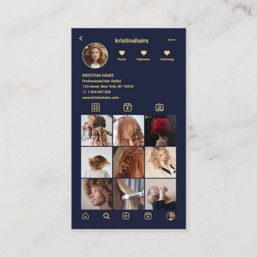 Elegante kapsalon QR Code Instagram Fotogrid Visitekaartje (Voorkant)