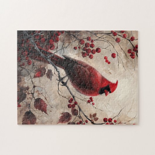 Elegante kardinaal en bessen Wildlife Painting Legpuzzel (Horizontaal)