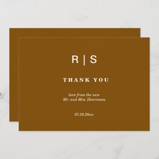 Elegante Kastanje Bruin Monogram bruiloft Dank u Bedankkaart (Voorkant / Achterkant)