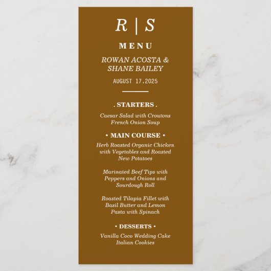 Elegante Kastanje Bruin Monogram Trouwmenu Kaart (Voorkant)