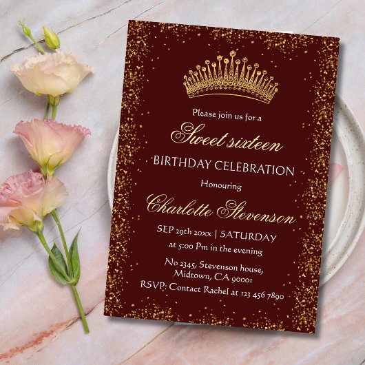 Elegante kastanjebruin Glitter Gold Crown Sweet 16 Kaart