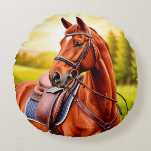 Elegante kastanjebruine paard met zadel rond kussen