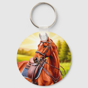 Elegante kastanjebruine paard met zadel sleutelhanger