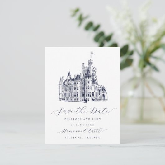 Elegante Kasteel Illustratie Script Wedding Save The Date (Staand voorkant)