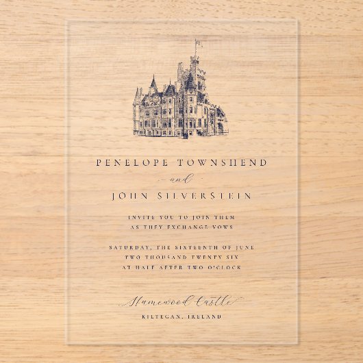 Elegante  Kasteelillustratie Bruiloft Acryl Uitnodigingen (Voorkant)