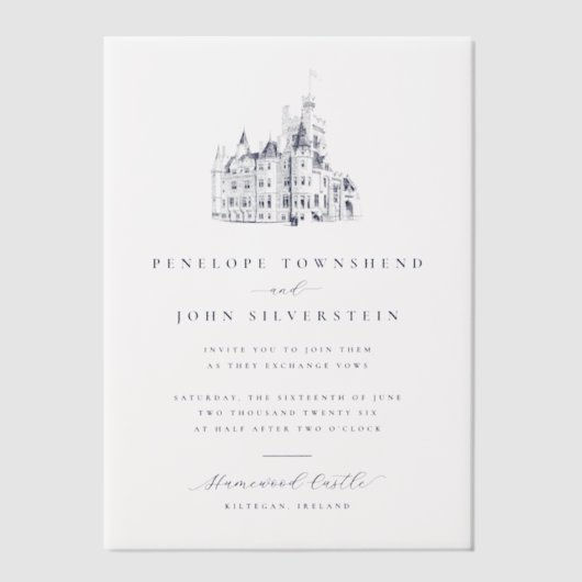 Elegante  Kasteelillustratie Bruiloft Vellum Uitnodigingen (Voorkant)